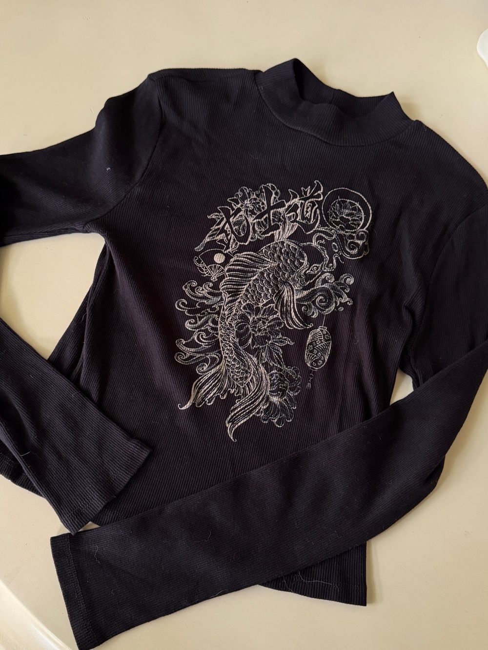 Forever 21 Black Ribbed Mock Neck with Graphic